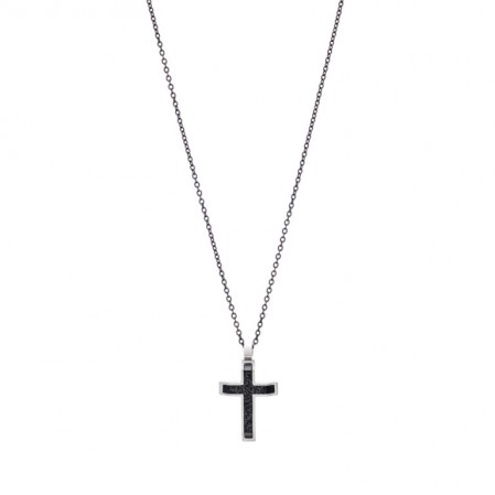 Ανδρικό κολιέ σταυρός Visetti από ανοξείδωτο ατσάλι σε ασημί και μαύρο χρώμα με ανάγλυφο σχέδιο